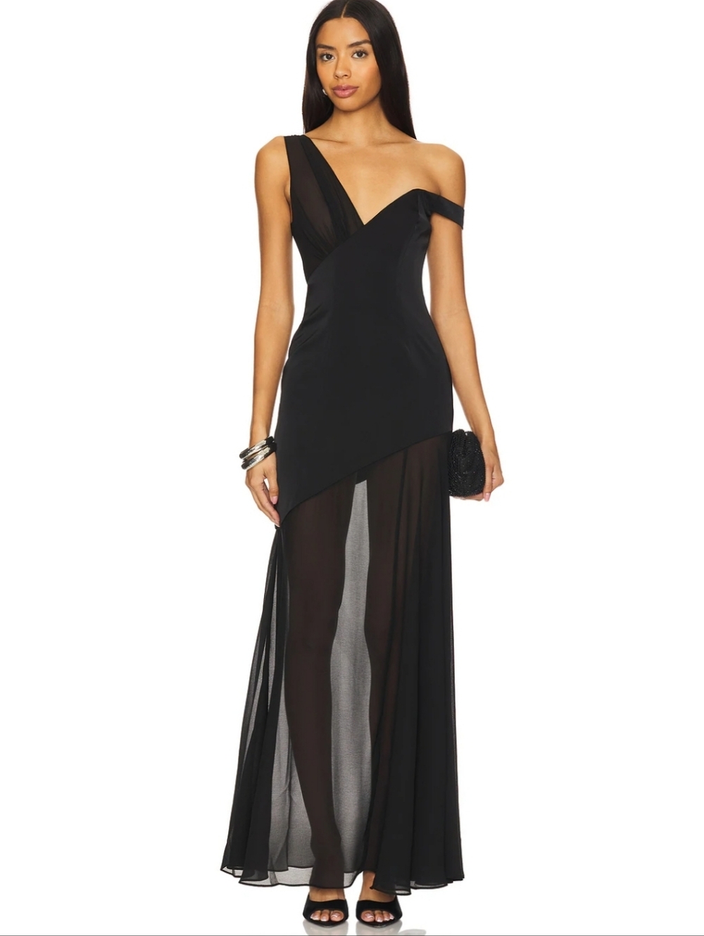 Camilla Cohello Cecily Black One-Shoulder Sheer Asymmetric Gown.